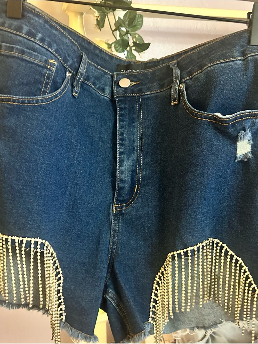 Fashion Nova Dark Blue Denim Fringe Rhinestone Shorts